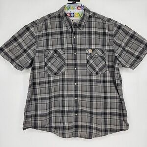 Carhartt Shirt Mens 2XL Pearl Snap Black Gray Plaid Short‎ Sleeve Western
